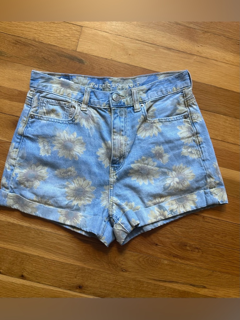 American Eagle Outfitters Light Blue Denim‎ Shorts with Yellow Sunflower Print
